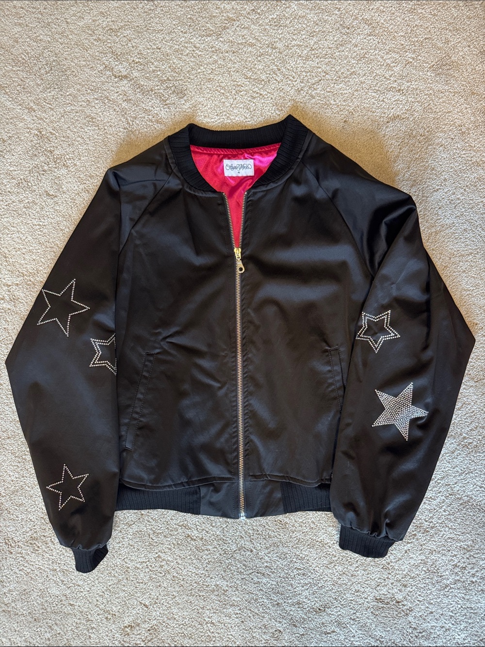 Lauren Moshi Black Bomber Jacket with Hot Pink Lining and Star Embellishments